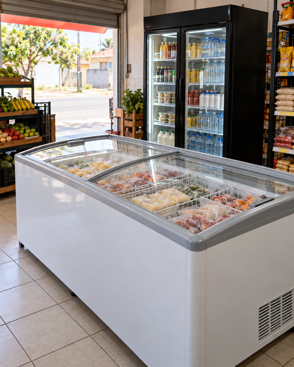 Imagem ilustrativa de freezer comercial em um mercado de bairro